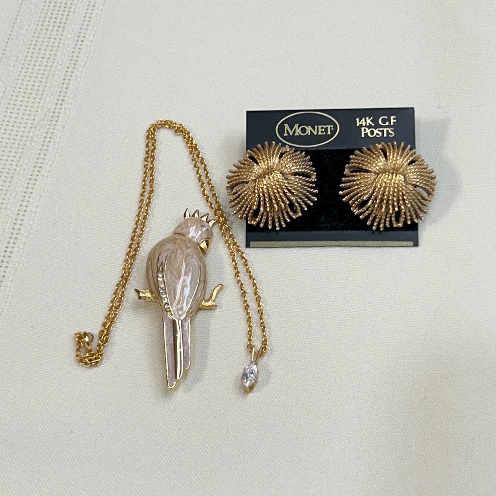 Vintage Monet Parrot Brooch Sunburst Earrings Set Gold Enamel Bird Jewelry Lot